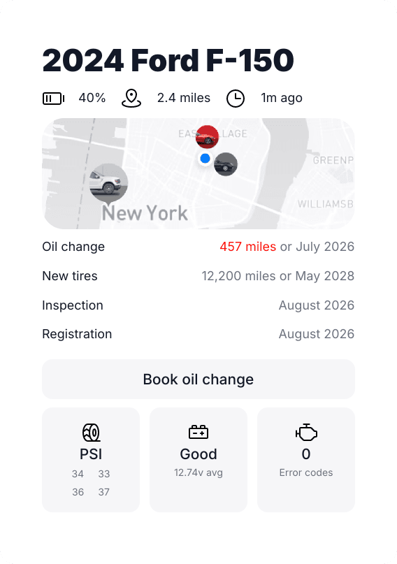 Galadri app showing vehicle dashboard with maintenance tracking