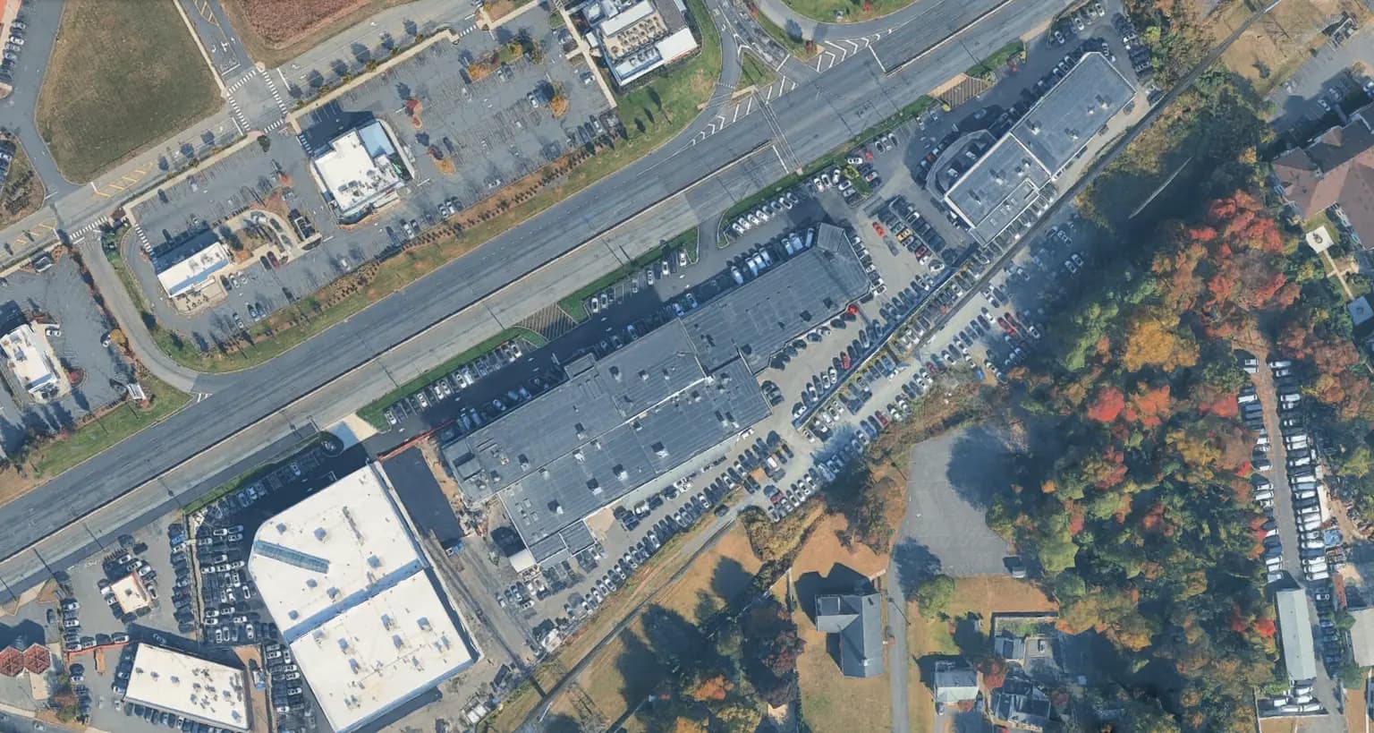 Satellite view of a dealership lot